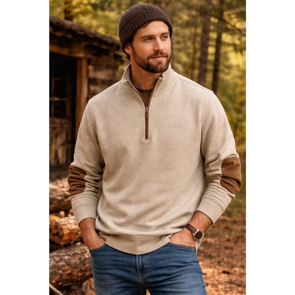 Woolrich Woolen Mills Quarter Zip Pullover XL Tan Elbow Patch Sweatshirt Mens